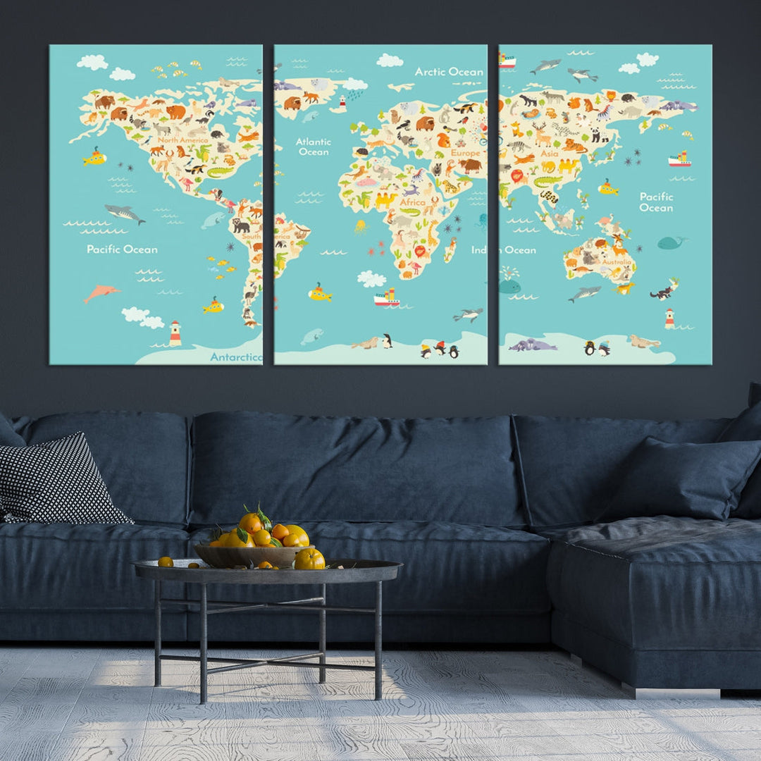 Extra Large Animal World Map Wall Art Canvas Print Educational Map for Kids