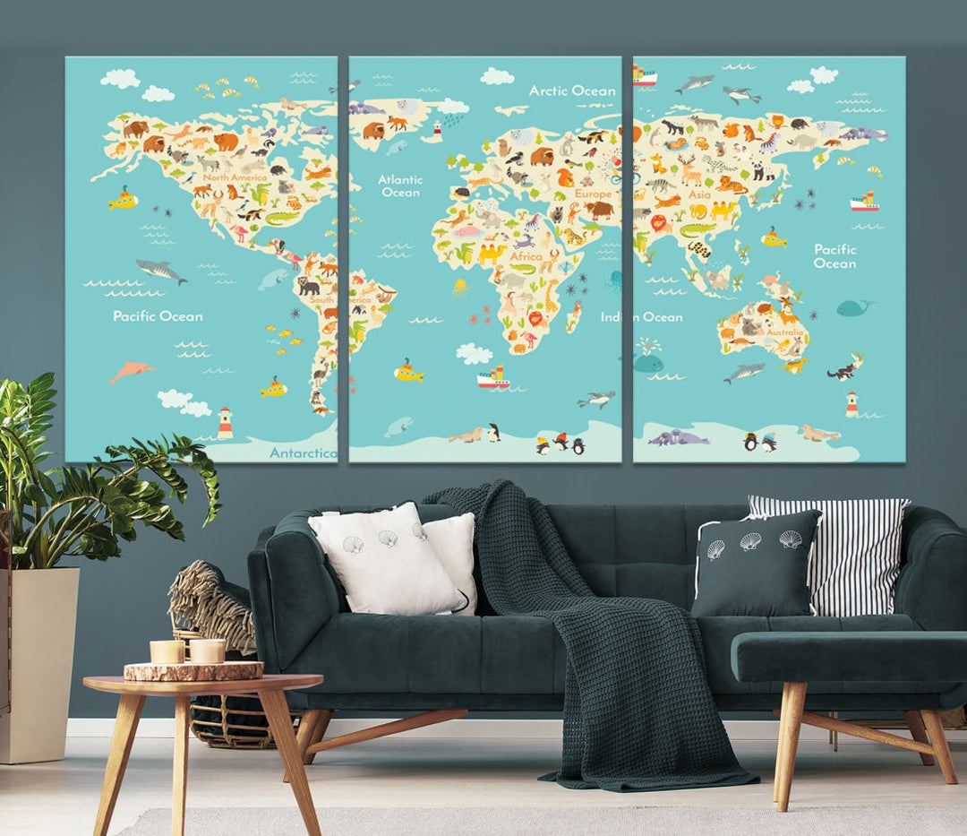 Extra Large Animal World Map Wall Art Canvas Print Educational Map for Kids