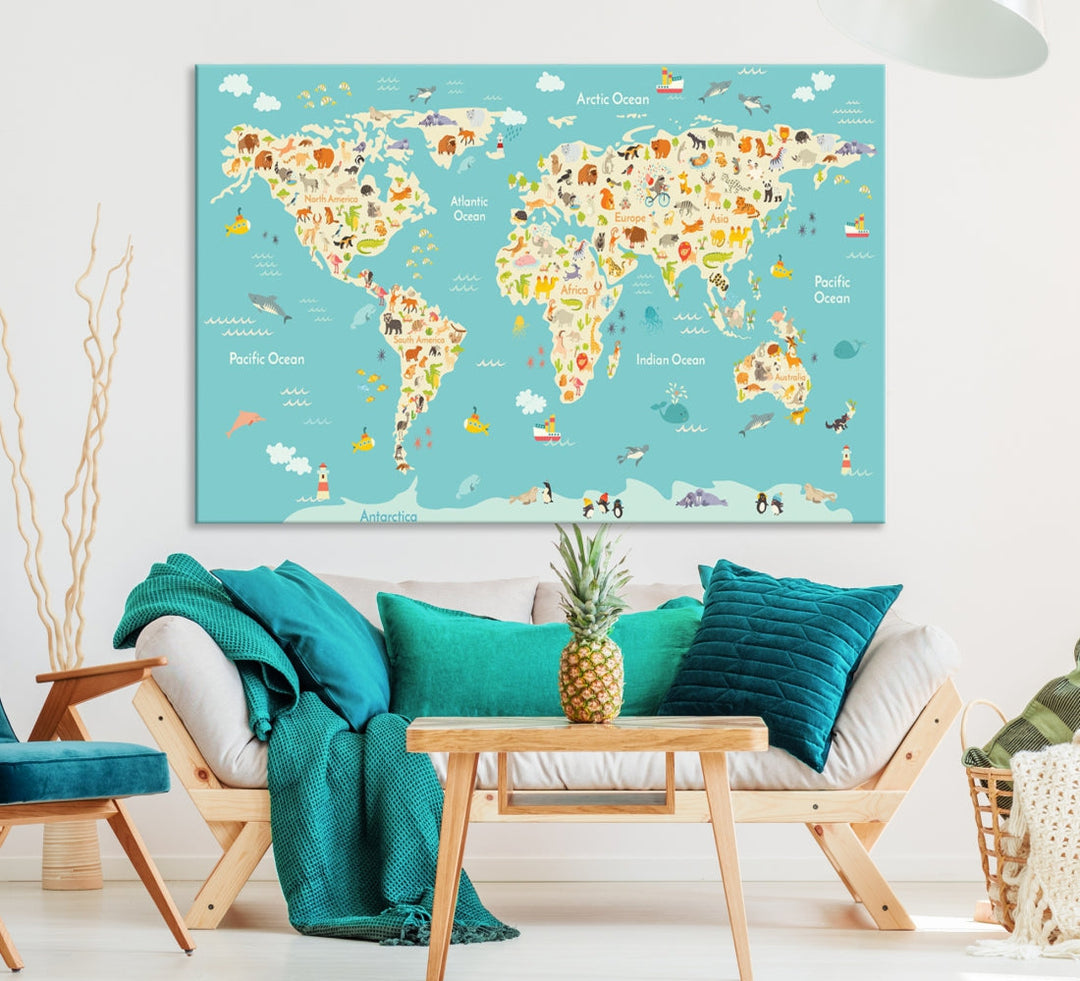 Extra Large Animal World Map Wall Art Canvas Print Educational Map for Kids