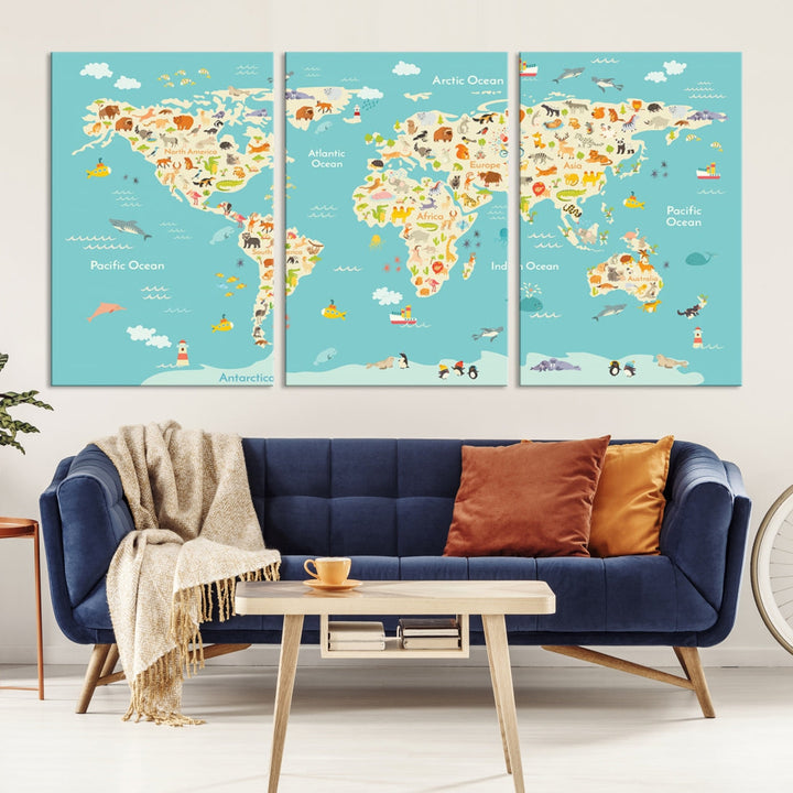 Extra Large Animal World Map Wall Art Canvas Print Educational Map for Kids