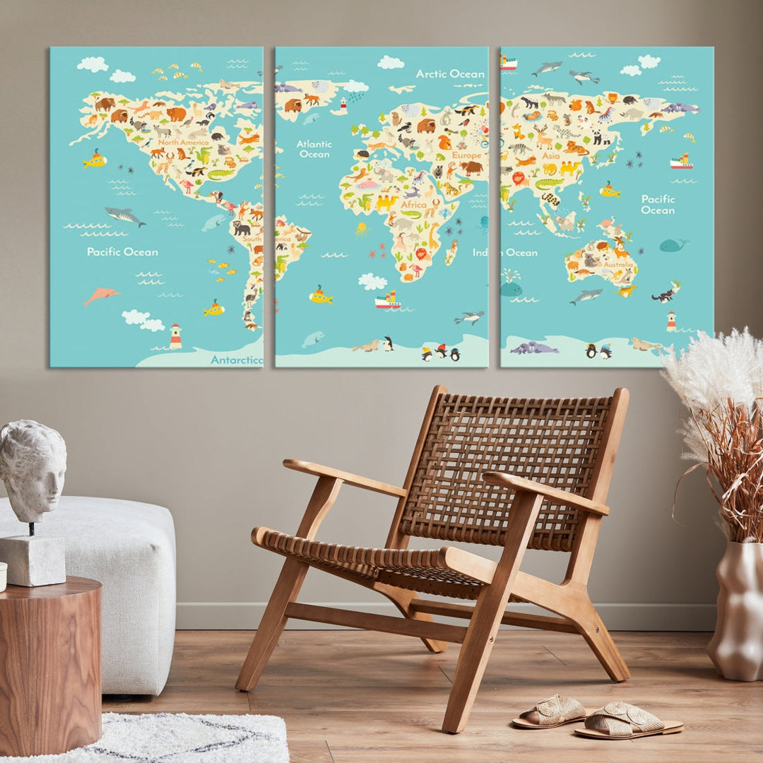 Extra Large Animal World Map Wall Art Canvas Print Educational Map for Kids