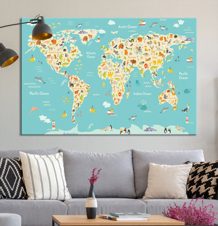 Extra Large Animal World Map Wall Art Canvas Print Educational Map for Kids