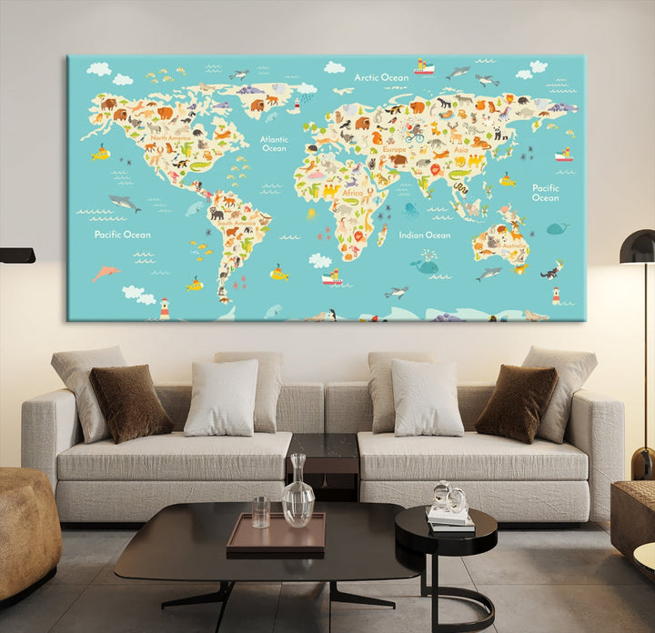 Extra Large Animal World Map Wall Art Canvas Print Educational Map for Kids