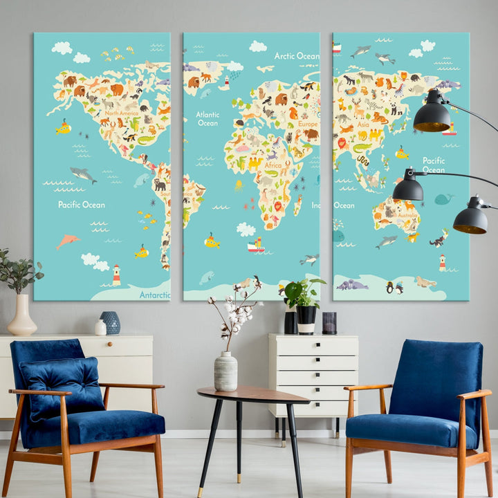 Extra Large Animal World Map Wall Art Canvas Print Educational Map for Kids