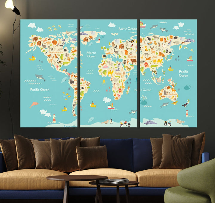 Extra Large Animal World Map Wall Art Canvas Print Educational Map for Kids