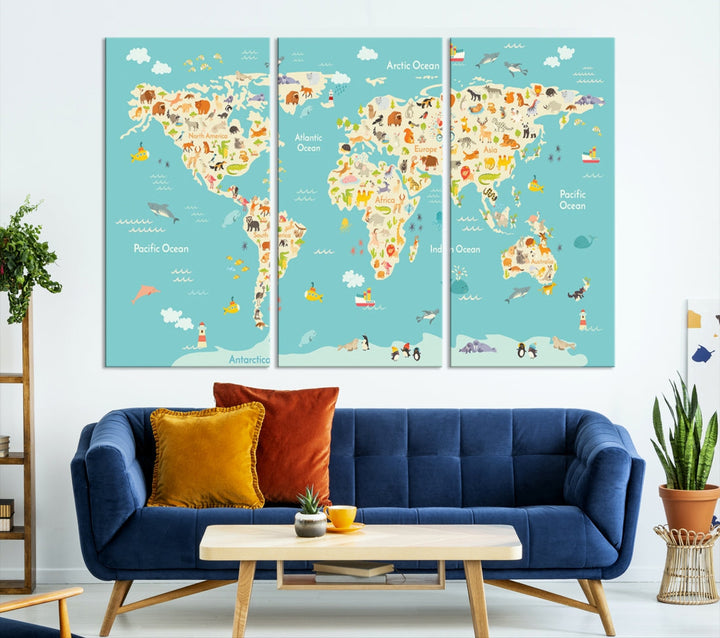 Extra Large Animal World Map Wall Art Canvas Print Educational Map for Kids