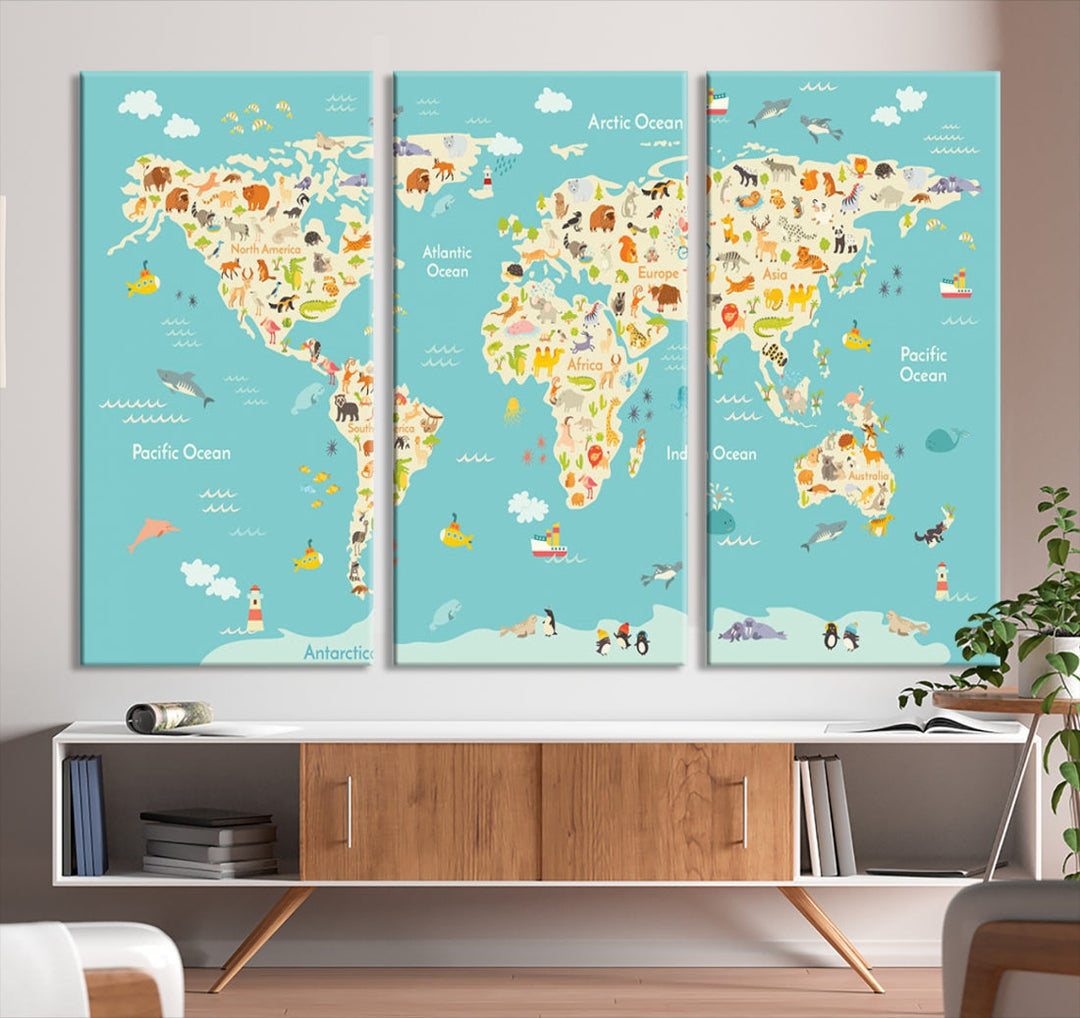 Extra Large Animal World Map Wall Art Canvas Print Educational Map for Kids