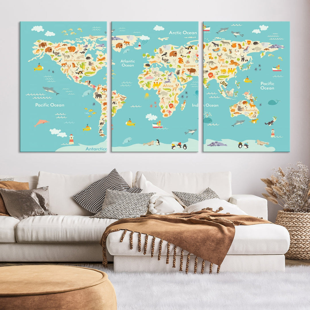 Extra Large Animal World Map Wall Art Canvas Print Educational Map for Kids