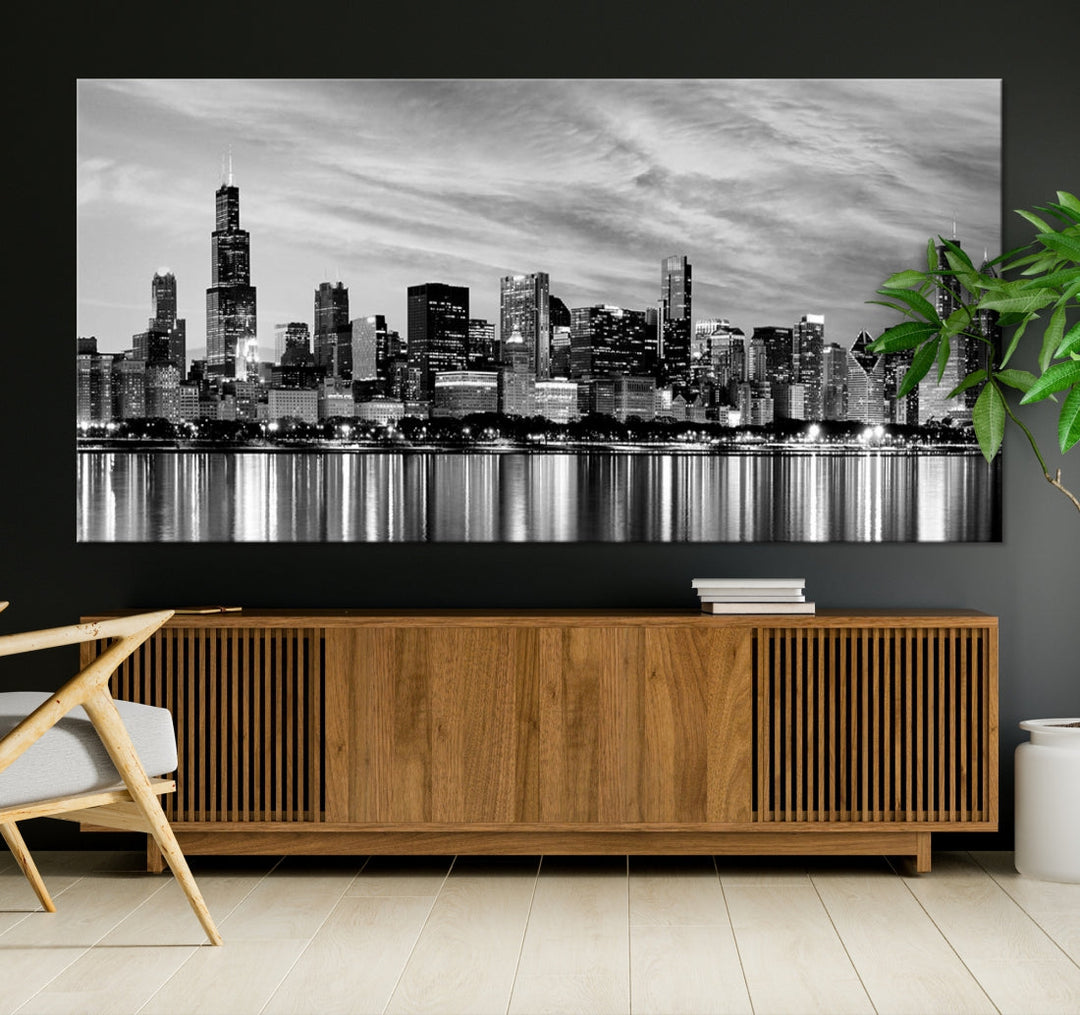 Extra Large Black and White Chicago Skyline Wall Art Cityscape Canvas Print