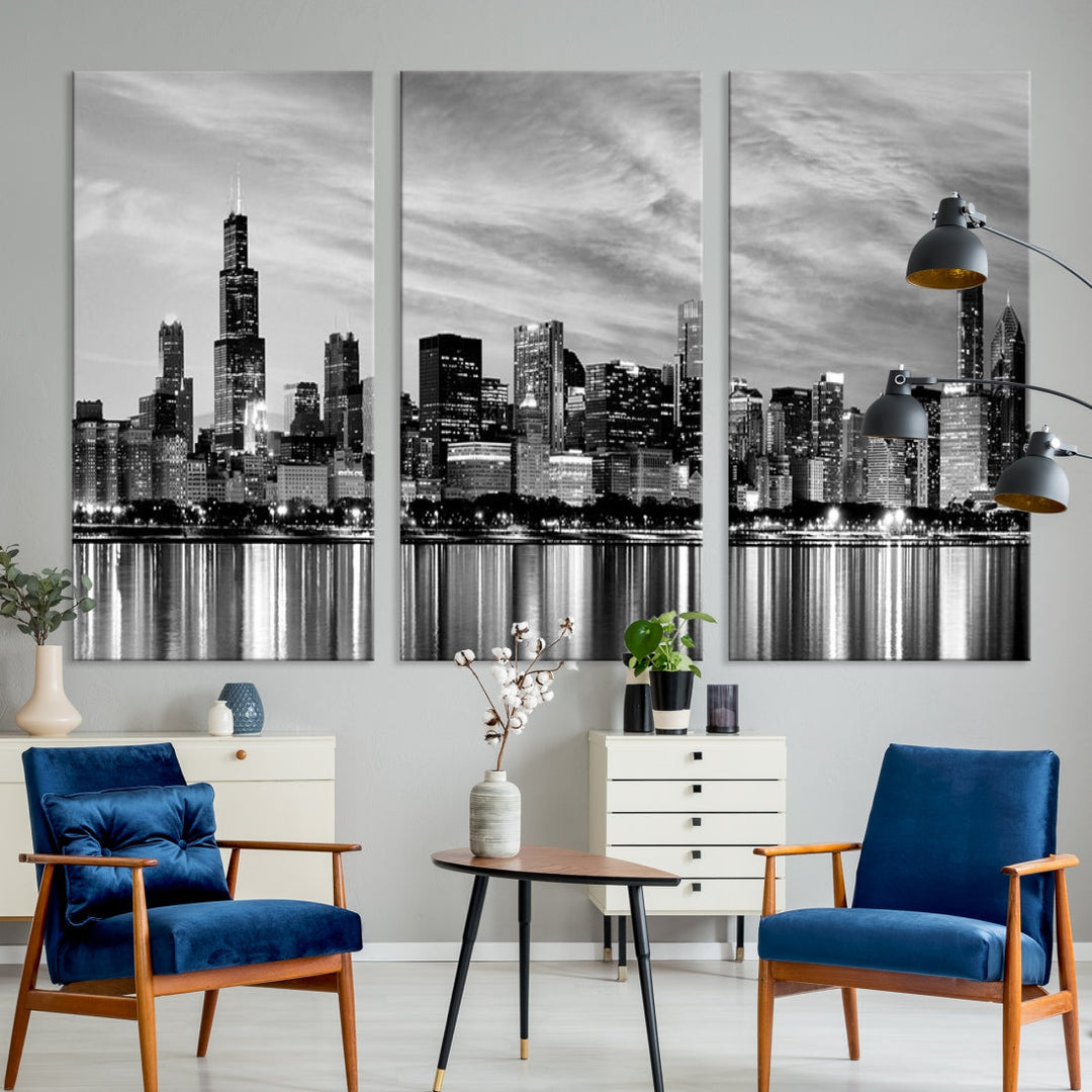 Extra Large Black and White Chicago Skyline Wall Art Cityscape Canvas Print