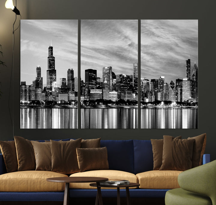 Extra Large Black and White Chicago Skyline Wall Art Cityscape Canvas Print