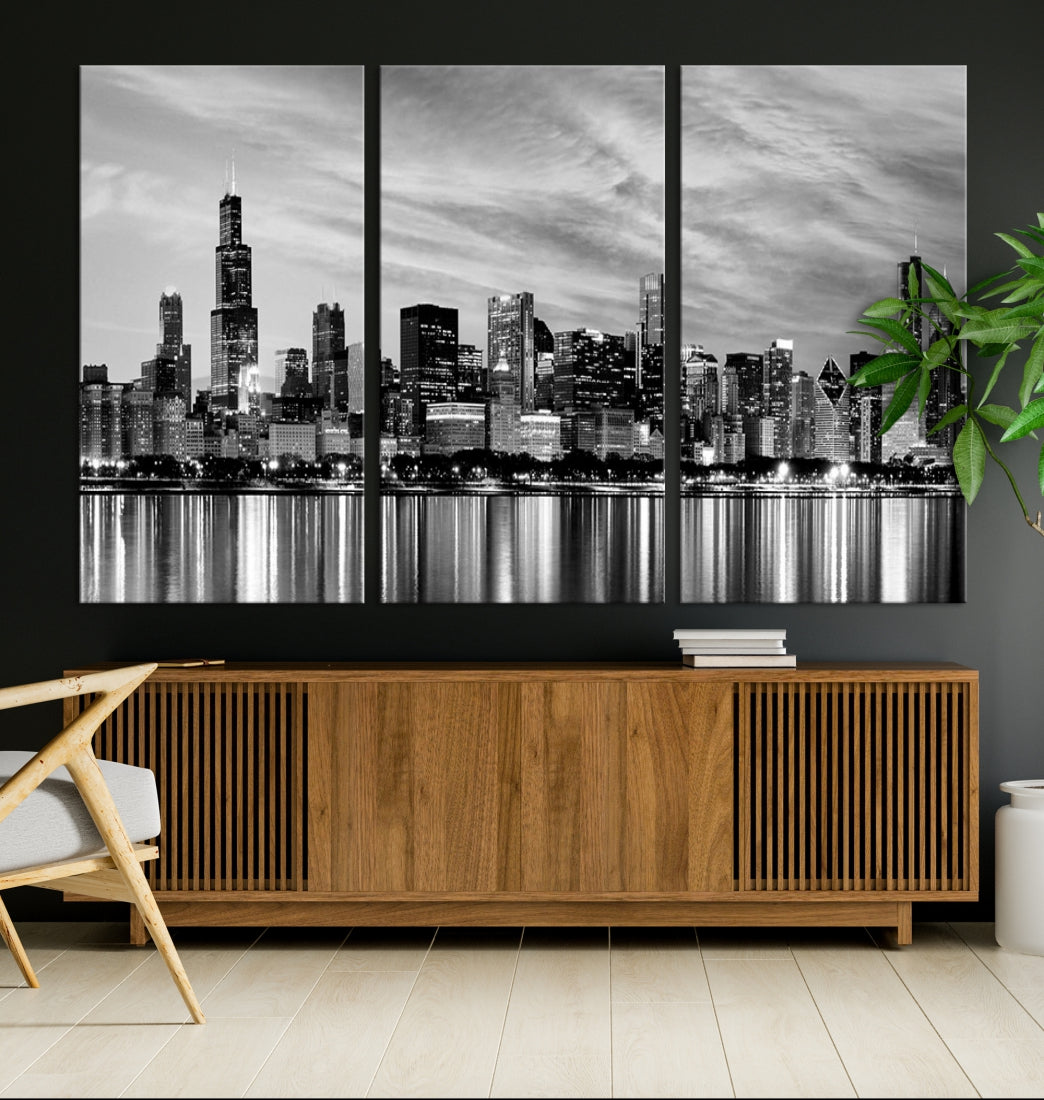 Extra Large Black and White Chicago Skyline Wall Art Cityscape Canvas Print