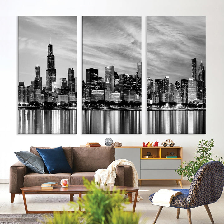 Extra Large Black and White Chicago Skyline Wall Art Cityscape Canvas Print