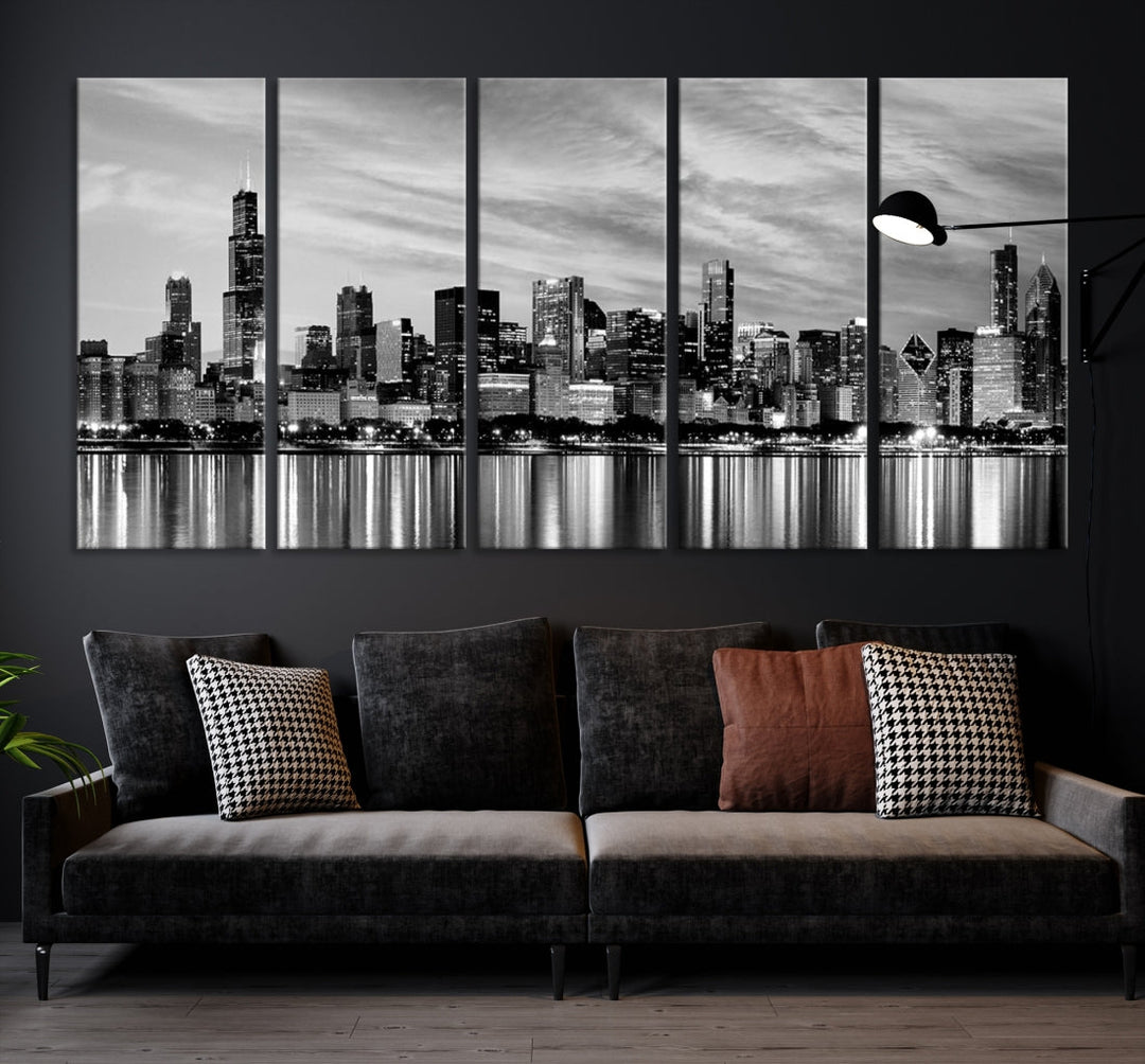 Extra Large Black and White Chicago Skyline Wall Art Cityscape Canvas Print