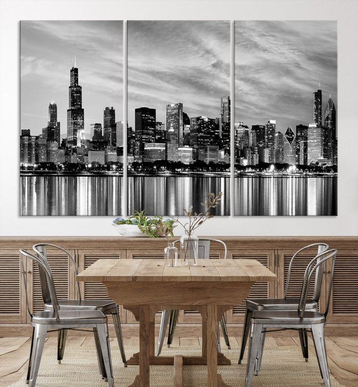 Extra Large Black and White Chicago Skyline Wall Art Cityscape Canvas Print