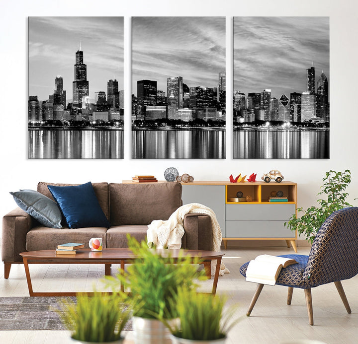 Extra Large Black and White Chicago Skyline Wall Art Cityscape Canvas Print