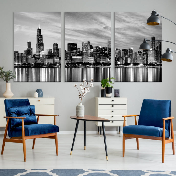 Extra Large Black and White Chicago Skyline Wall Art Cityscape Canvas Print