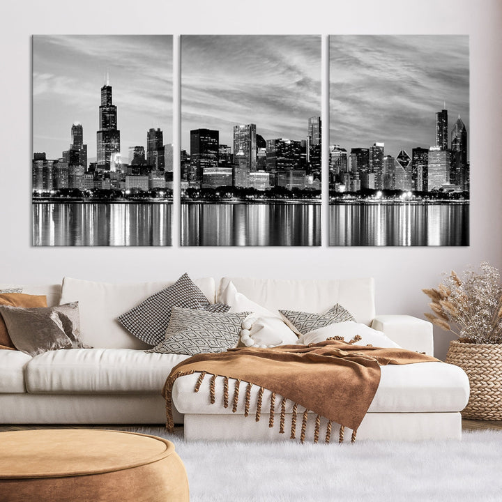 Extra Large Black and White Chicago Skyline Wall Art Cityscape Canvas Print