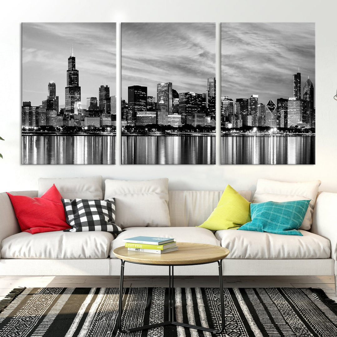 Extra Large Black and White Chicago Skyline Wall Art Cityscape Canvas Print