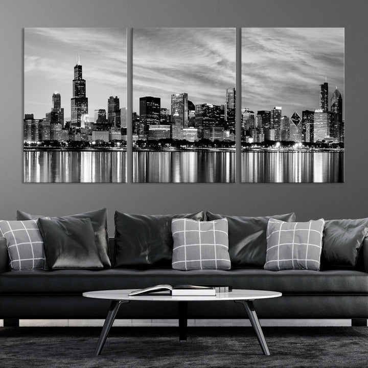 Extra Large Black and White Chicago Skyline Wall Art Cityscape Canvas Print