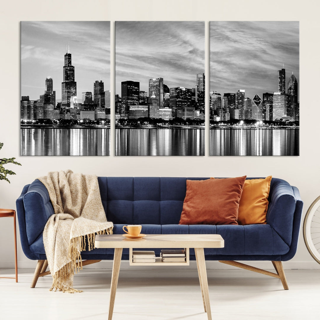 Extra Large Black and White Chicago Skyline Wall Art Cityscape Canvas Print