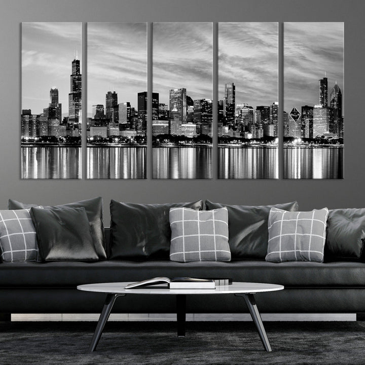 Extra Large Black and White Chicago Skyline Wall Art Cityscape Canvas Print