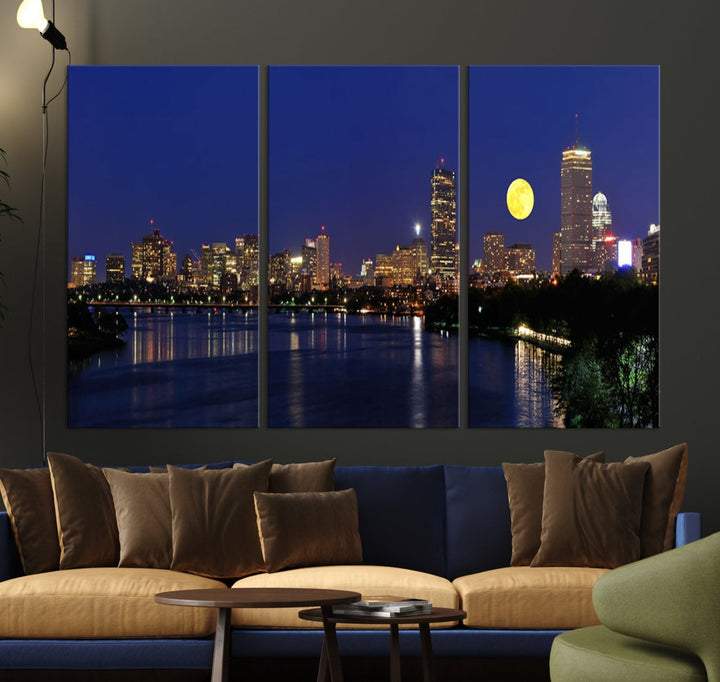 Extra Large Boston City Full Moon Night Skyline Cityscape Canvas Art Print