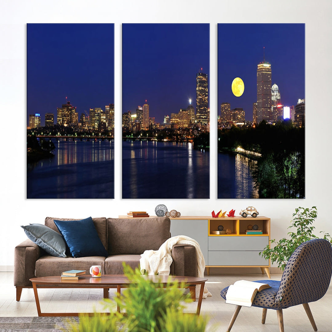 Extra Large Boston City Full Moon Night Skyline Cityscape Canvas Art Print