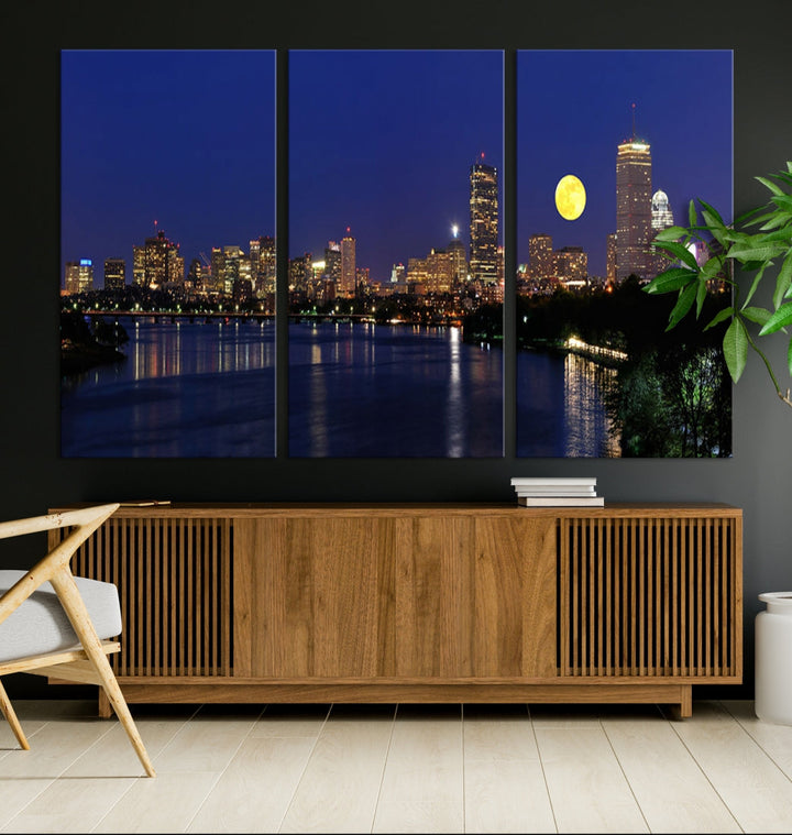 Extra Large Boston City Full Moon Night Skyline Cityscape Canvas Art Print