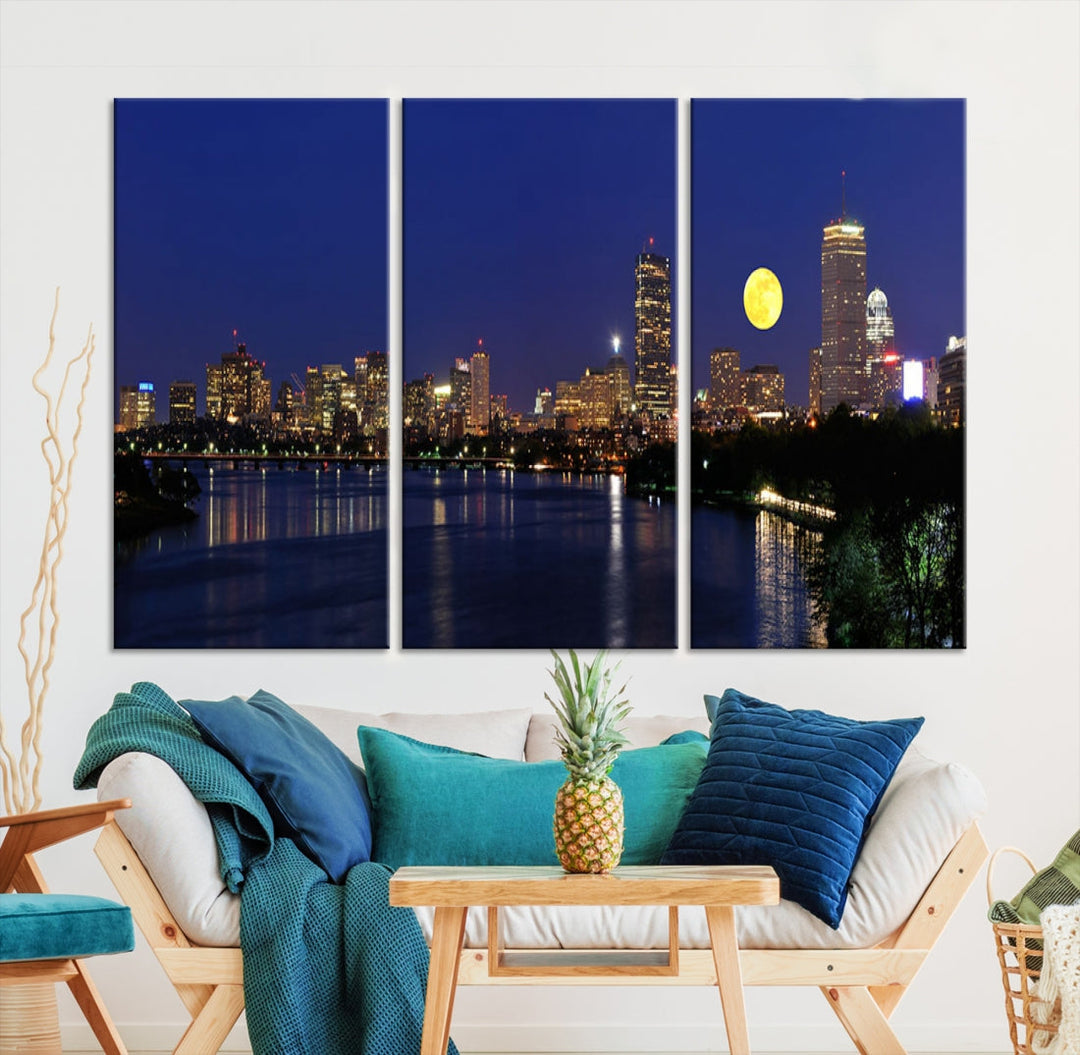 Extra Large Boston City Full Moon Night Skyline Cityscape Canvas Art Print