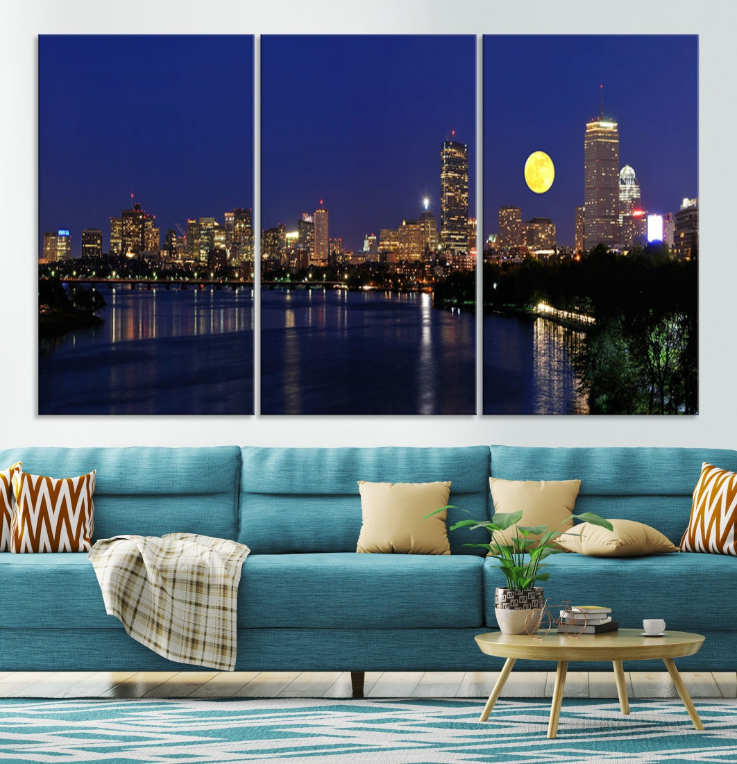 Extra Large Boston City Full Moon Night Skyline Cityscape Canvas Art Print