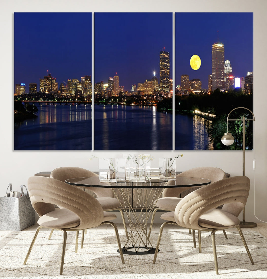 Extra Large Boston City Full Moon Night Skyline Cityscape Canvas Art Print