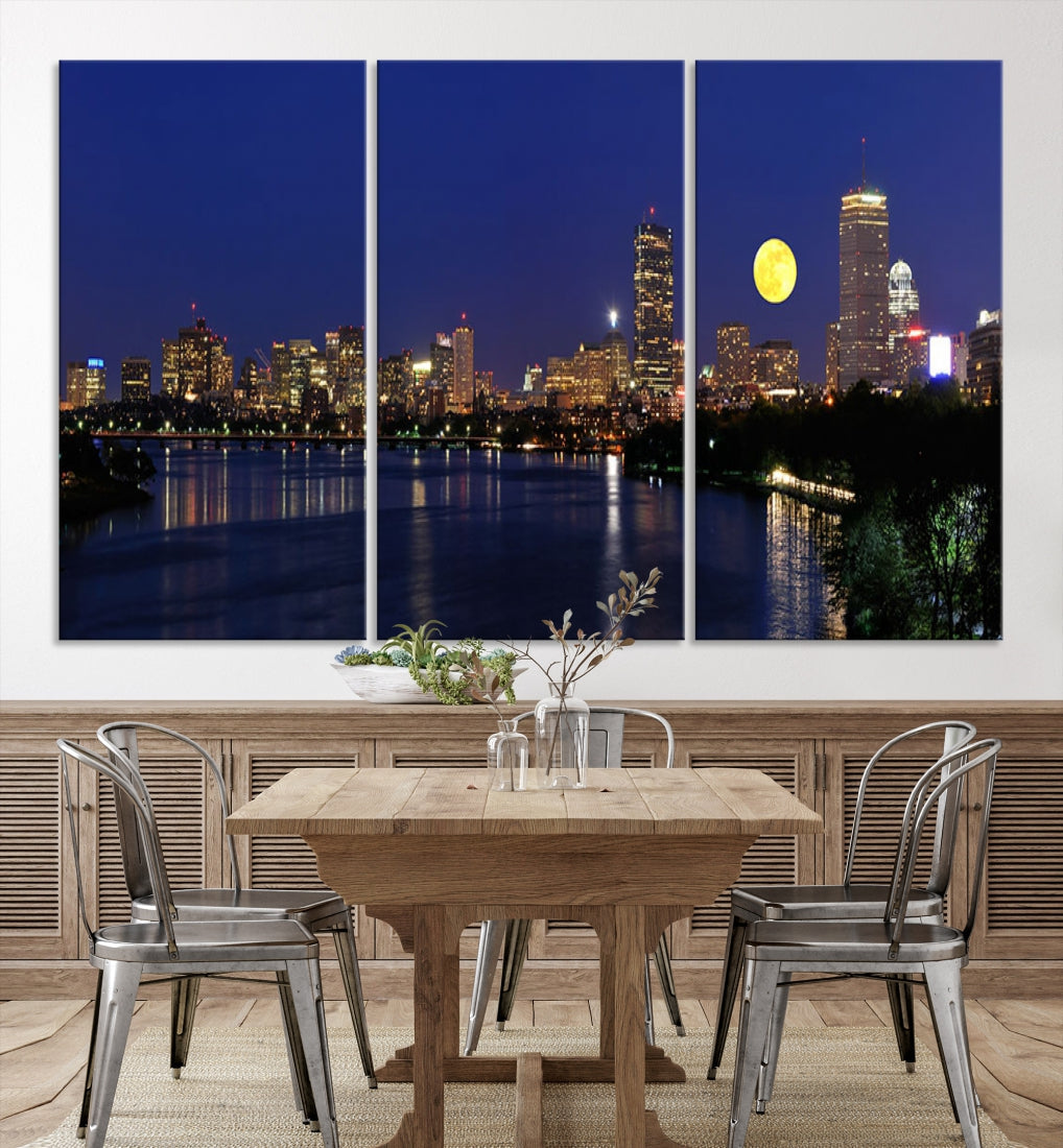 Extra Large Boston City Full Moon Night Skyline Cityscape Canvas Art Print