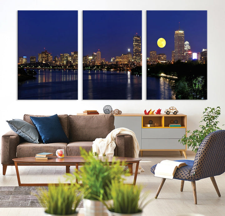 Extra Large Boston City Full Moon Night Skyline Cityscape Canvas Art Print