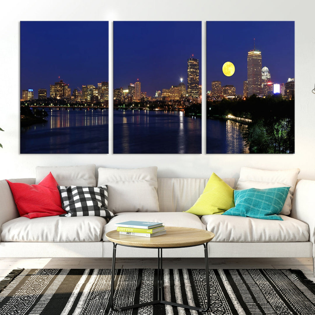 Extra Large Boston City Full Moon Night Skyline Cityscape Canvas Art Print