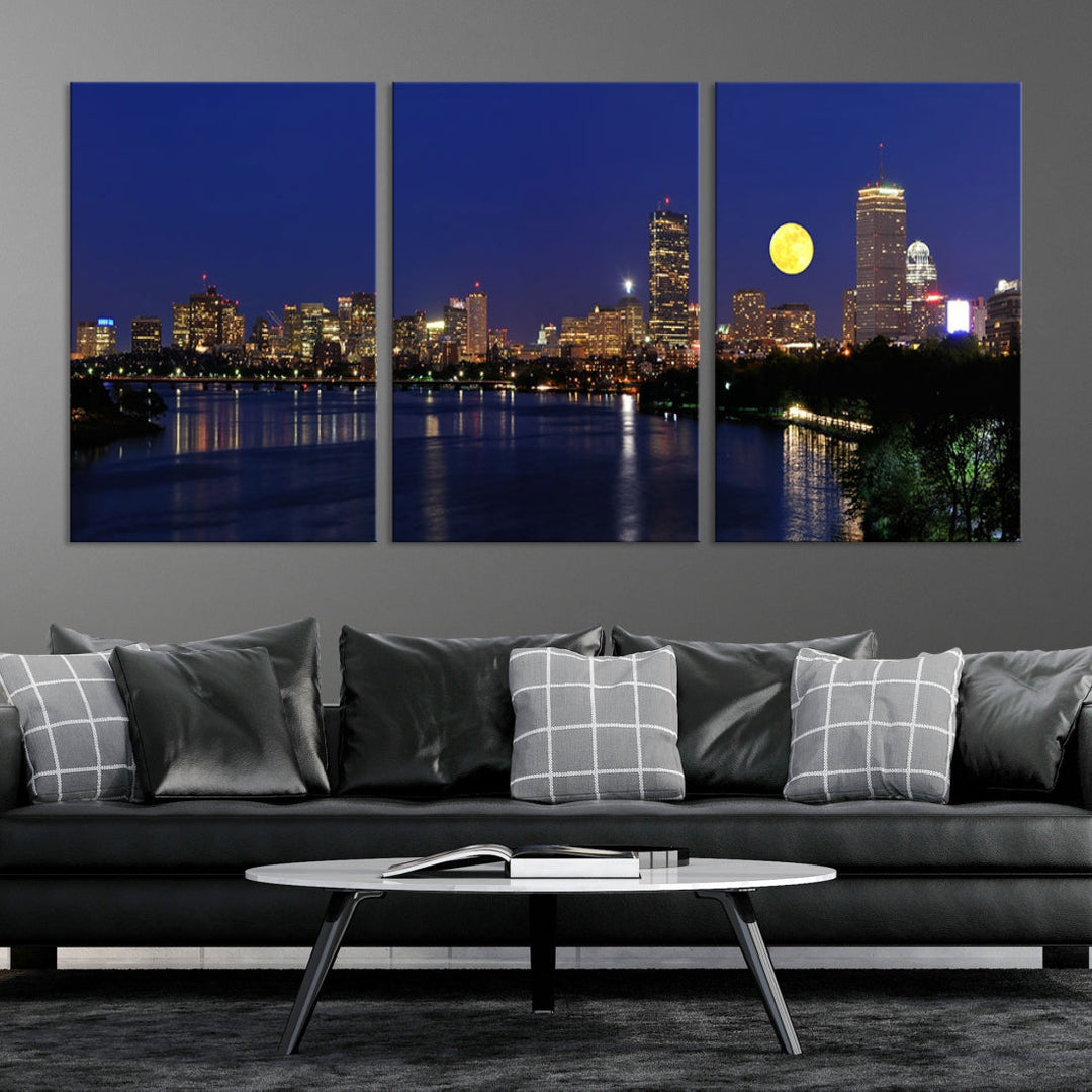 Extra Large Boston City Full Moon Night Skyline Cityscape Canvas Art Print