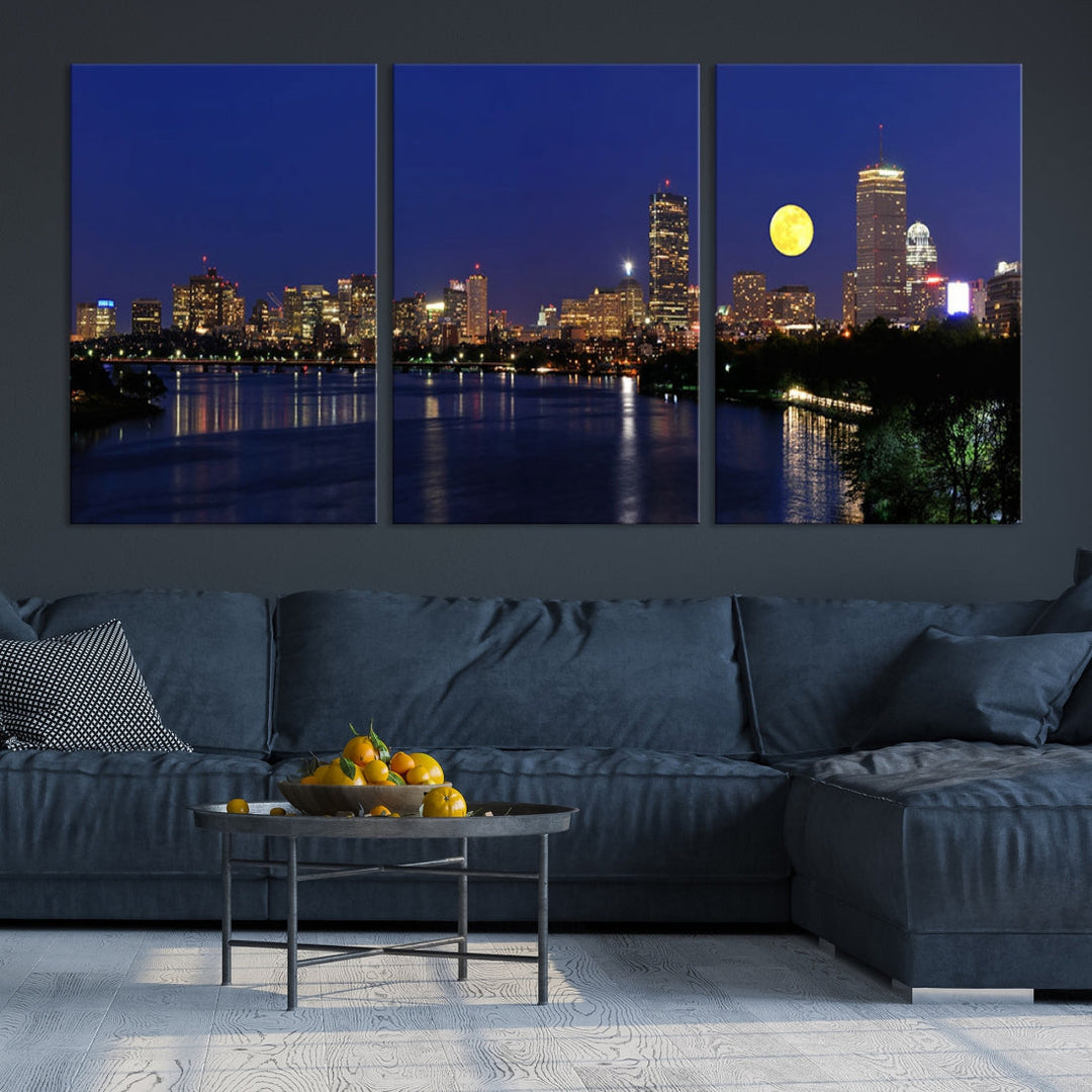 Extra Large Boston City Full Moon Night Skyline Cityscape Canvas Art Print