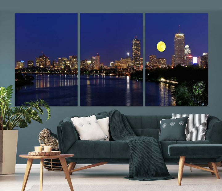 Extra Large Boston City Full Moon Night Skyline Cityscape Canvas Art Print