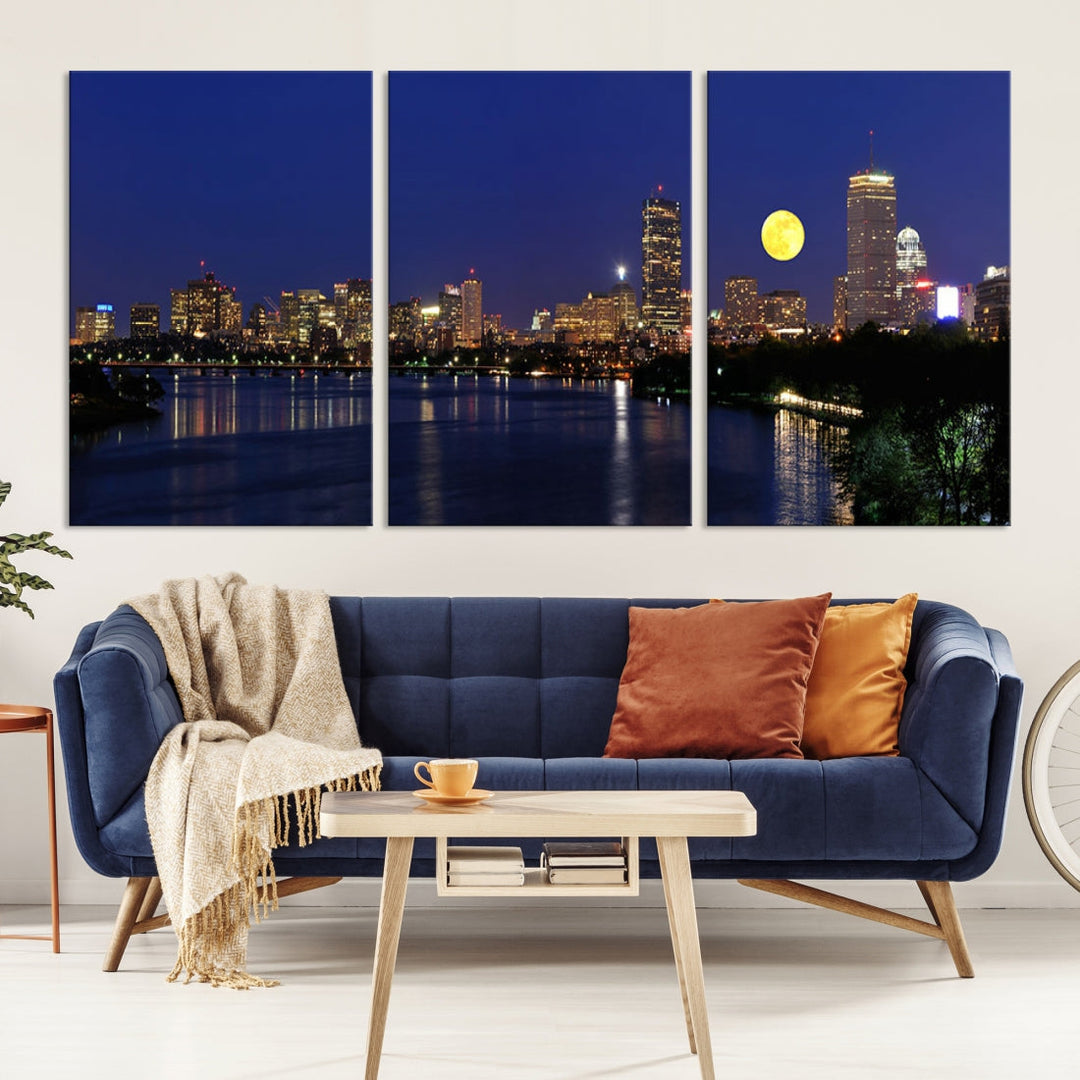 Extra Large Boston City Full Moon Night Skyline Cityscape Canvas Art Print