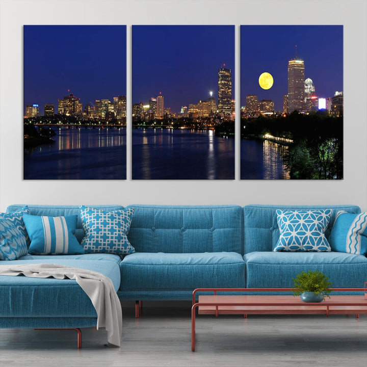 Extra Large Boston City Full Moon Night Skyline Cityscape Canvas Art Print