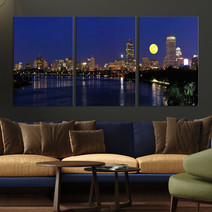 Extra Large Boston City Full Moon Night Skyline Cityscape Canvas Art Print