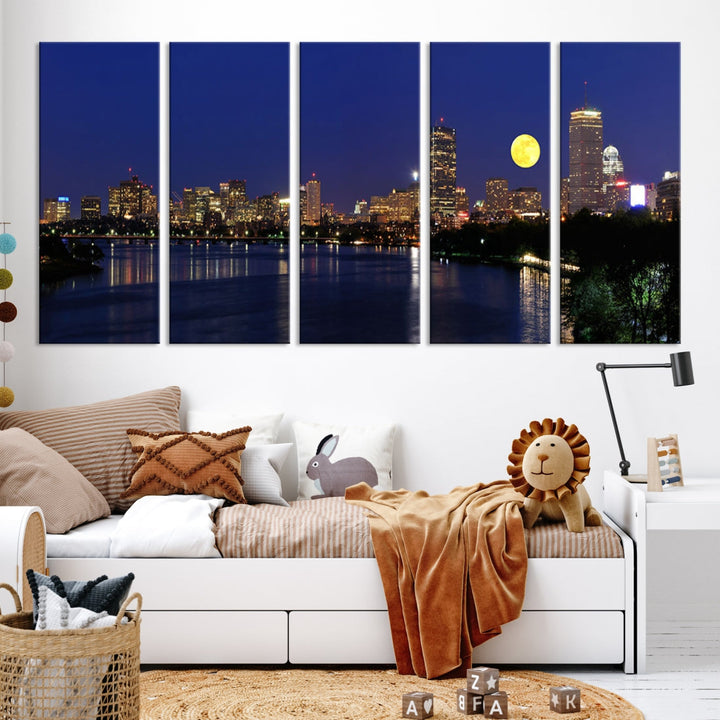 Extra Large Boston City Full Moon Night Skyline Cityscape Canvas Art Print