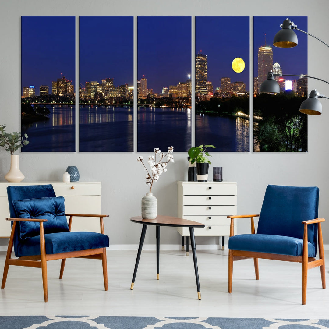 Extra Large Boston City Full Moon Night Skyline Cityscape Canvas Art Print