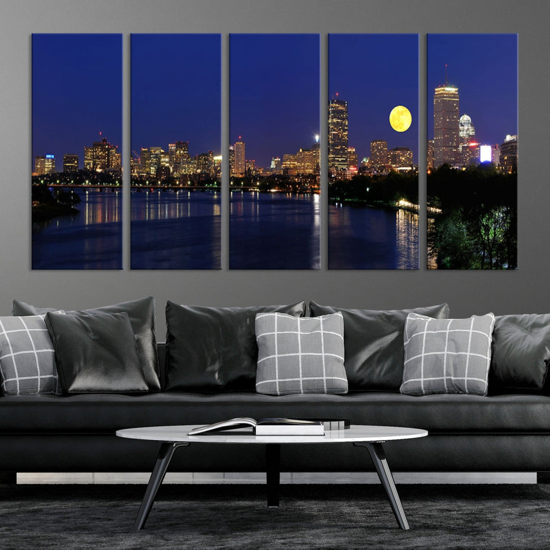 Extra Large Boston City Full Moon Night Skyline Cityscape Canvas Art Print