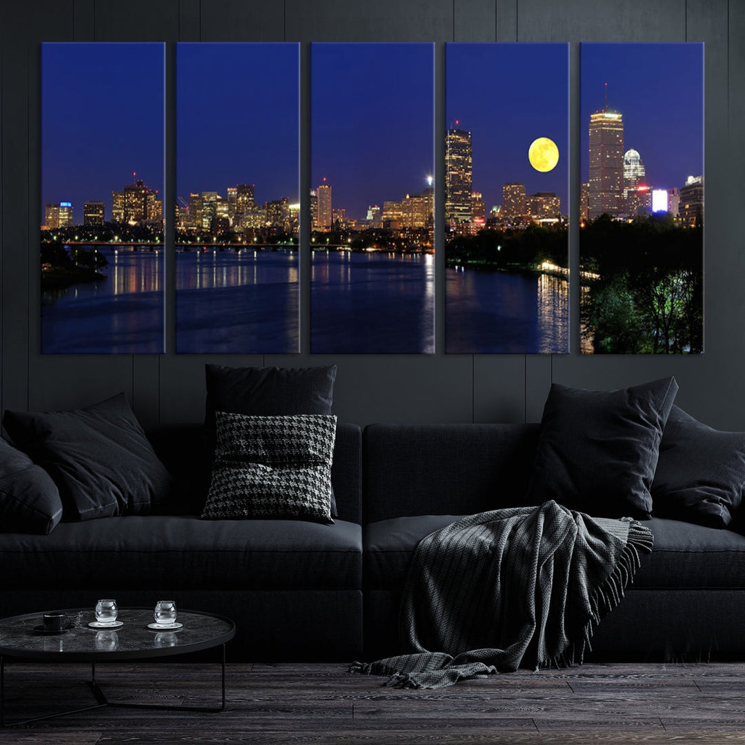 Extra Large Boston City Full Moon Night Skyline Cityscape Canvas Art Print