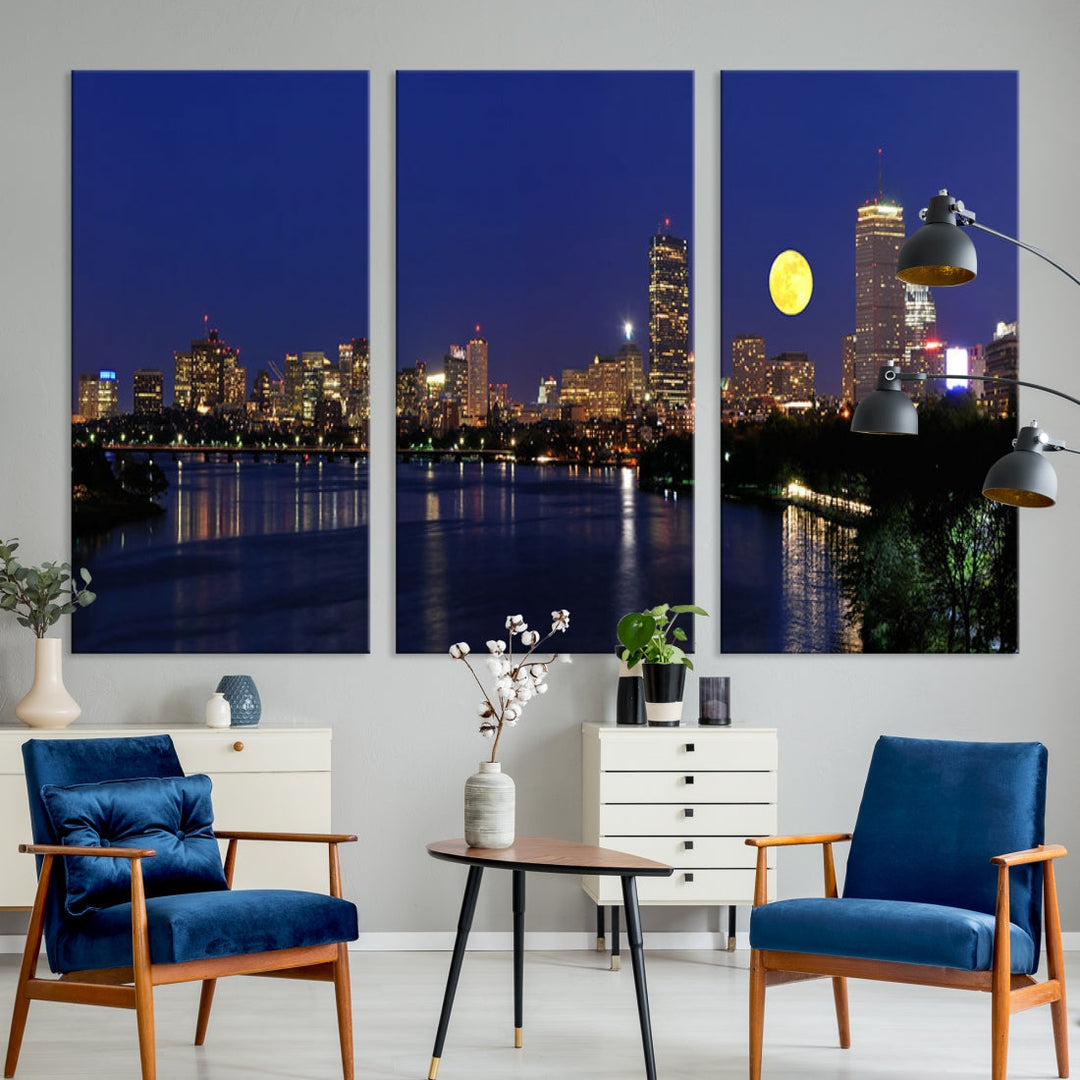 Extra Large Boston City Full Moon Night Skyline Cityscape Canvas Art Print