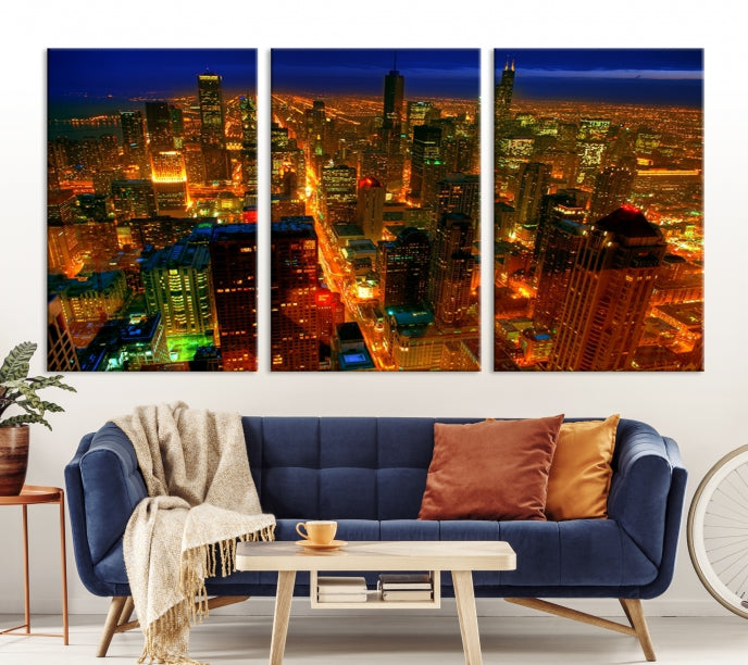 Extra Large Chicago City Aerial Night Skyline Canvas Print