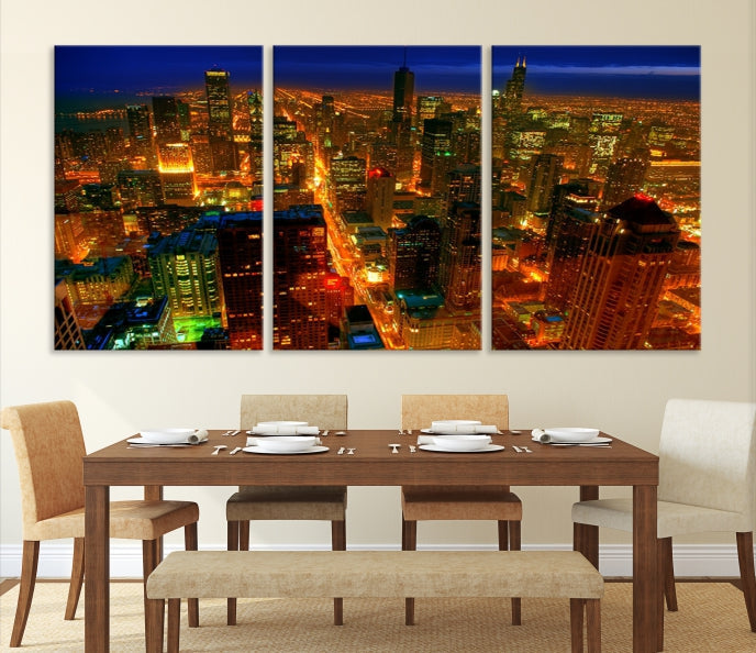 Extra Large Chicago City Aerial Night Skyline Canvas Print