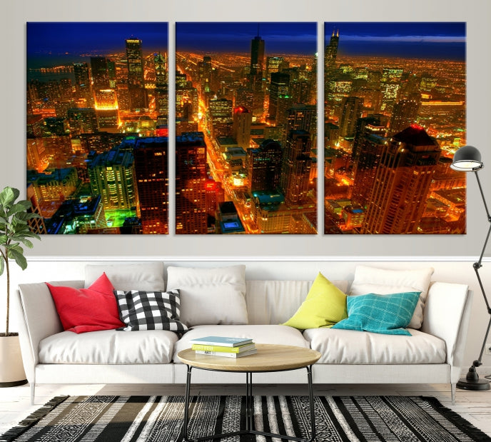 Extra Large Chicago City Aerial Night Skyline Canvas Print