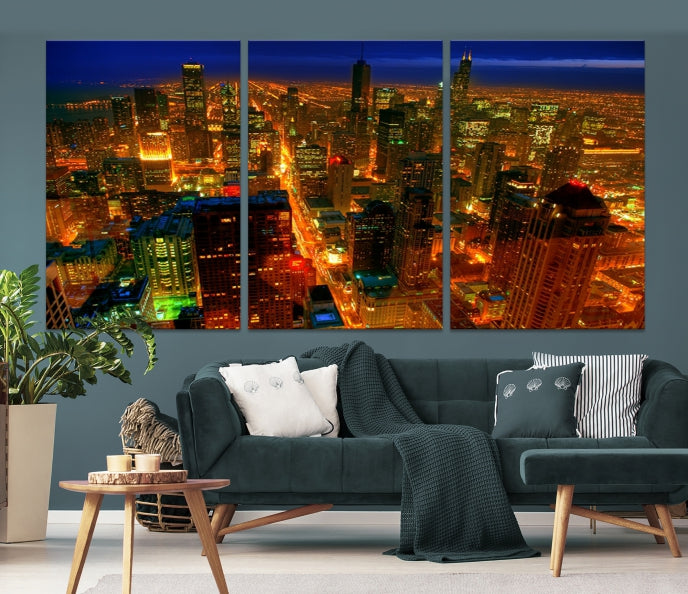 Extra Large Chicago City Aerial Night Skyline Canvas Print